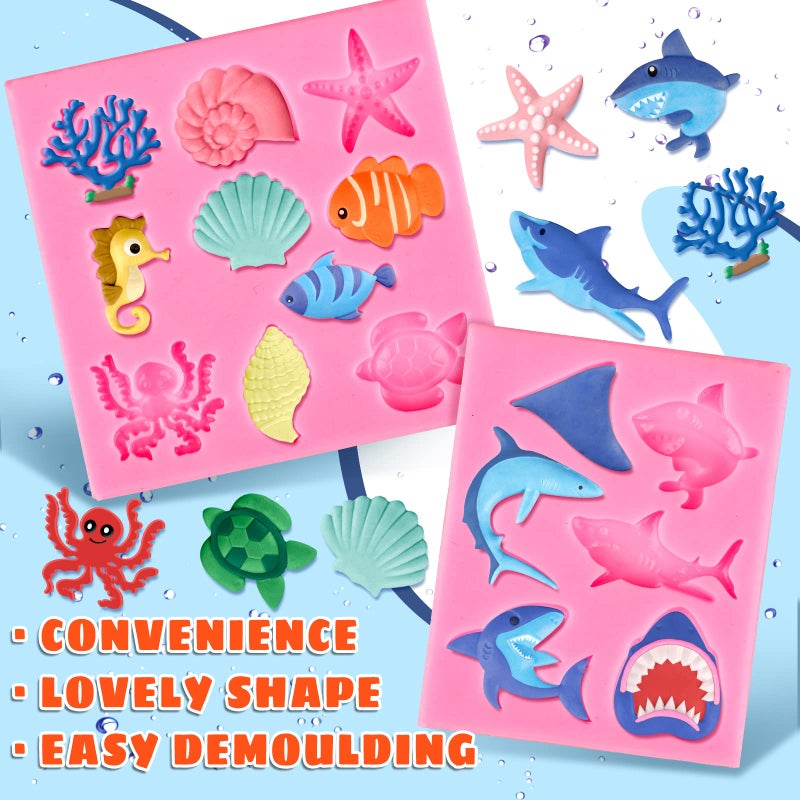 Whaline 2 Pack Ocean Shark Fondant Mold Mini Silicone Sea Animal Mould Shell Starfish Octopus Turtle Chocolate Candy Mold for Cupcake Cake Topper Decoration Supplies Soap Resin Summer Theme Party - Image 3