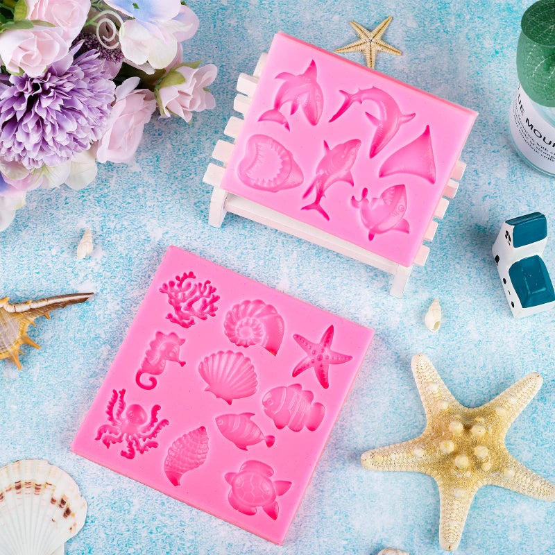 Whaline 2 Pack Ocean Shark Fondant Mold Mini Silicone Sea Animal Mould Shell Starfish Octopus Turtle Chocolate Candy Mold for Cupcake Cake Topper Decoration Supplies Soap Resin Summer Theme Party - Image 5