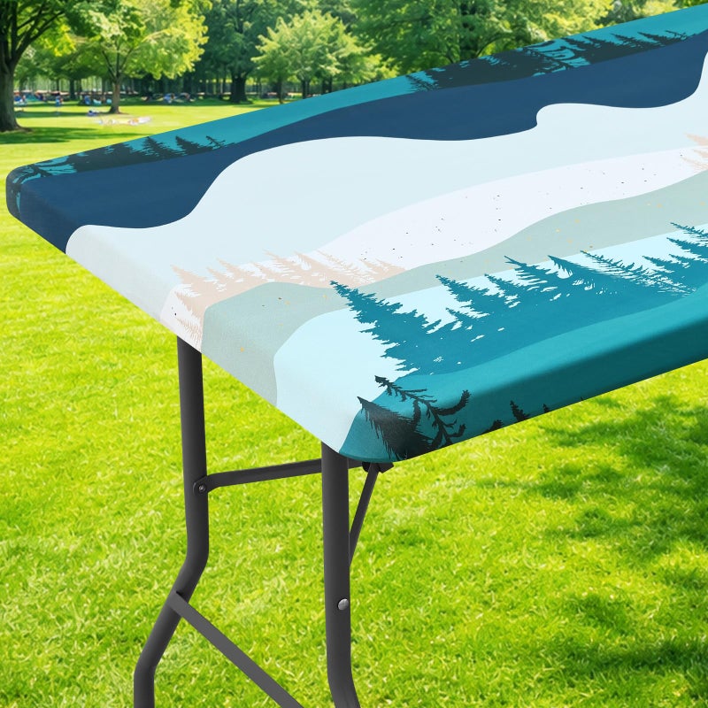 Moosfor Spandex Elastic Fitted 6FT Rectangle Table Cloth, Stretch Washable Tablecloths, Reusable Table Cover for Outdoor Picnic, Camping, Patio,Dining & Kitchen (Forest, 30"x72") - Image 1