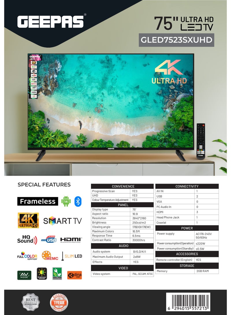 GEEPAS 75" Ultra HD Smart LED TV | Frameless Design, Wide Viewing Angle | Multiple Connectivity, HDMI, USB Ports, Bluetooth Connectivity, | English Remote Control, Home Entertainment and Streaming | GLED7523SXUHD - Image 5