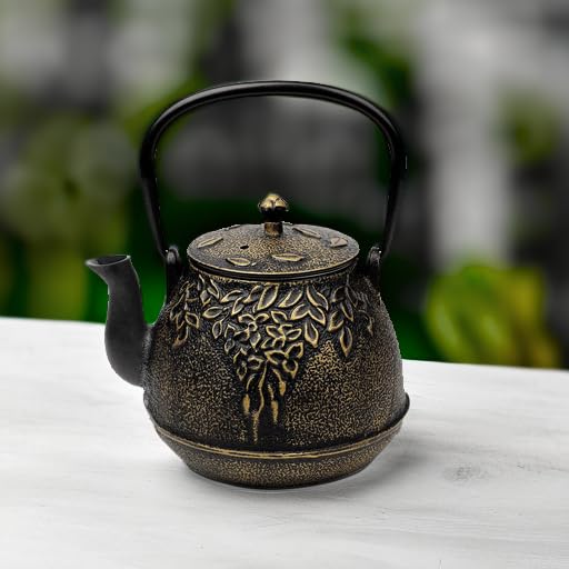 toptier Tea Kettle, TOPTIER Japanese Cast Iron Tea Pot for Stove Top, Cast Iron Teapot Humidifier for Wood Stove, Leaf Design Tea Kettle Coated with Enameled Interior for 32 Ounce (950 ml), Black - Image 5