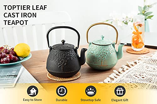 toptier Tea Kettle, TOPTIER Japanese Cast Iron Tea Pot for Stove Top, Cast Iron Teapot Humidifier for Wood Stove, Leaf Design Tea Kettle Coated with Enameled Interior for 32 Ounce (950 ml), Black - Image 2
