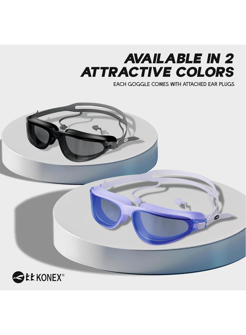 كونيكس نظارات سباحة مقاومة للضباب مع حماية من الأشعة فوق البنفسجية للرجال والنساء | رؤية واسعة مع تقنية مانعة للتسرب | تأتي مع سدادات أذن مرفقة | مثالية للأطفال والبالغين (أسود) - Image 2