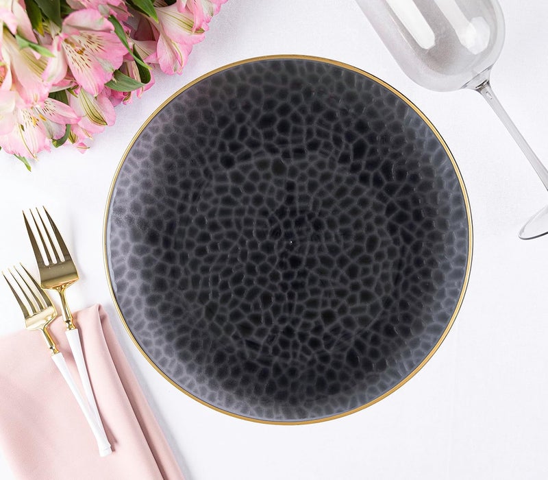 PLASTICPRO 30 Pack Hammered Plastic Plates Heavyweight Disposable Plastic Plates Elegant Transparent Black Plates With Gold Rim Platsic Party Dishes (Transparent Black With Gold Rim, 7'' INCH PLATES) - Image 3