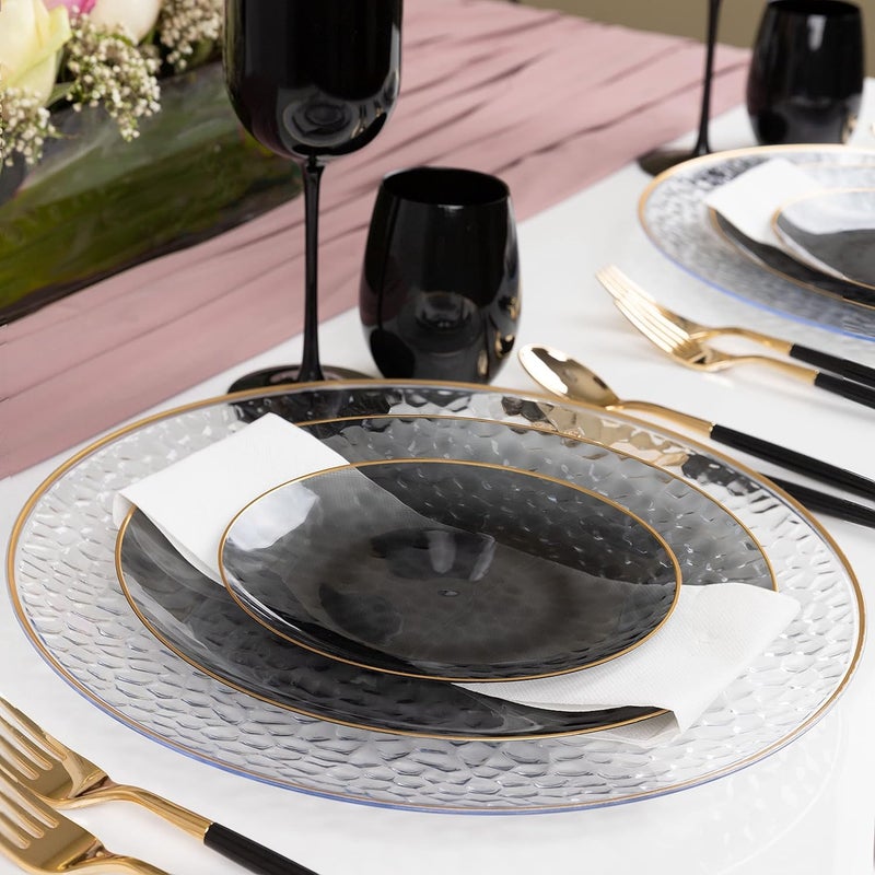 PLASTICPRO 30 Pack Hammered Plastic Plates Heavyweight Disposable Plastic Plates Elegant Transparent Black Plates With Gold Rim Platsic Party Dishes (Transparent Black With Gold Rim, 7'' INCH PLATES) - Image 5