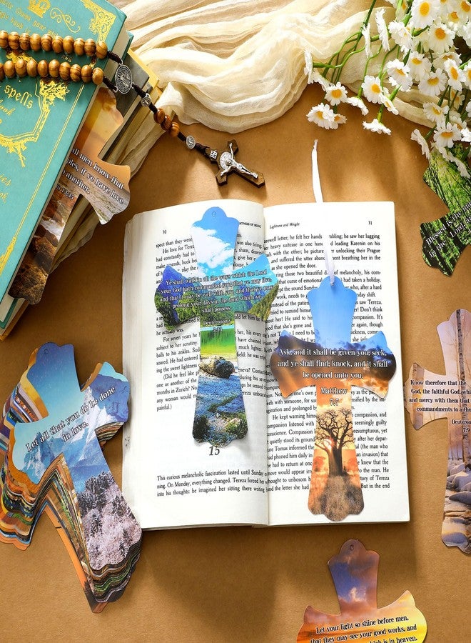 PerKoop 60 Pcs Bible Verse Christian Bookmarks Religious Cross Shaped Bookmarks Bulk Church Book Marks with Scriptures for VBS Church Gifts Bible Sunday School Study Supplies Prizes, 5.9 x 4 Inch - Image 3