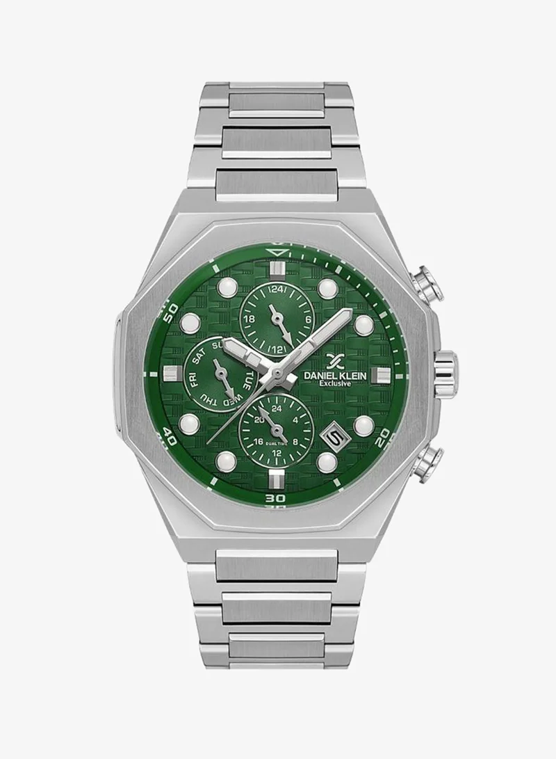 DANIEL KLEIN Men's Stainless Steel Silver Brass Case Analog Dark Green Round Emboss Dial Japanese Quartz Exclusive 50 Meters Water Resistant