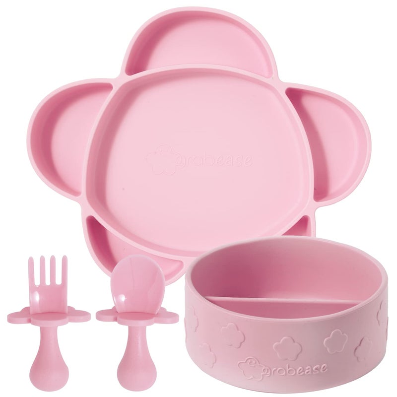 Grabease Silicone Baby Feeding Set - Self-Feeding Support & Baby Bowls with Suction - Ergonomic Toddler Utensils Plates & Utensils Set - Blush, Modern, Round - Image 1