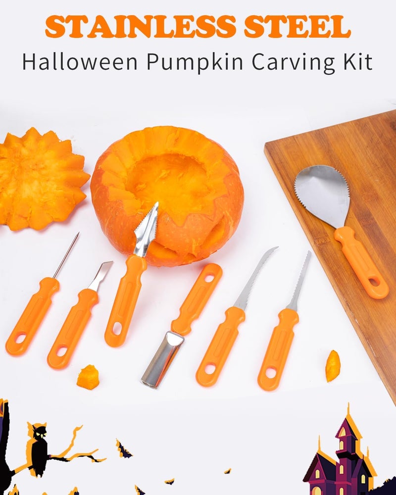 Hidnvefen Halloween Pumpkin Carving Tools Kit, Professional and Heavy Duty Stainless Steel Pumpkin Cutter Knife Saw Scoop Tools Set for Kids or Adults, 7Pcs Carving Set for Halloween Decoration Jack-O-Lanterns - Image 3