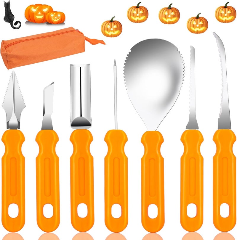 Hidnvefen Halloween Pumpkin Carving Tools Kit, Professional and Heavy Duty Stainless Steel Pumpkin Cutter Knife Saw Scoop Tools Set for Kids or Adults, 7Pcs Carving Set for Halloween Decoration Jack-O-Lanterns - Image 1