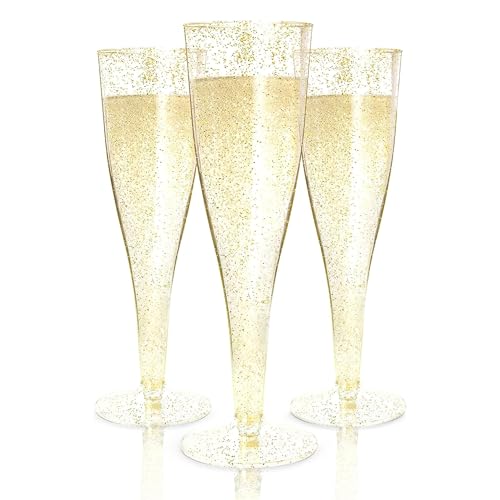 Prestee 200 Disposable Champagne Flutes Gold Glitter Glasses  6 Oz Plastic Champagne Cups for Parties Wedding Toasts Mimosa Bar and New Years Eve  Elegant Bulk Gold Plastic Wine Flutes