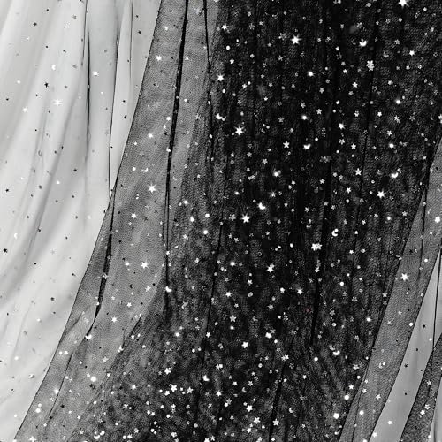 Homiest Glitter Tulle Fabric Rolls with Star Moon Sequin 10 Yards x 54 Inch Wide Black Tulle Rolls for Tutu Skirt Bridal Veil Wedding Arch Party Decorations - Image 1