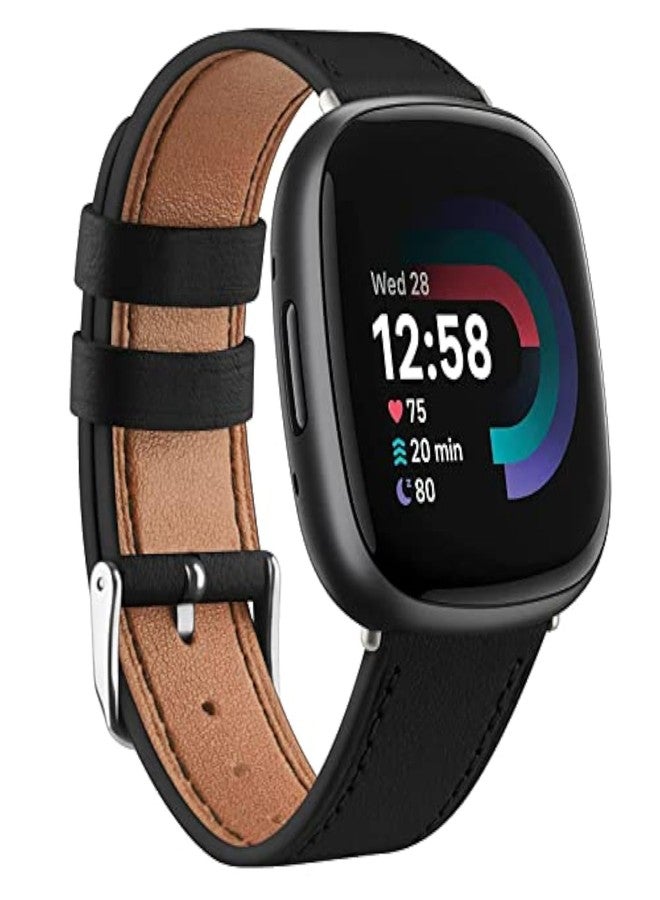 Meliya Leather Bands Compatible with Fitbit Versa 4 Bands/Fitbit Versa 3 Bands/Sense 2 Bands/Fitbit Sense Watch Bands for Women Men, Classic Genuine Leather Wristband Straps (Black) - Image 1