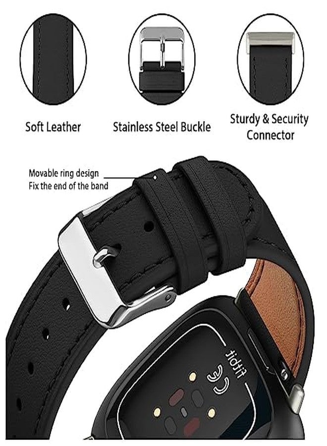 Meliya Leather Bands Compatible with Fitbit Versa 4 Bands/Fitbit Versa 3 Bands/Sense 2 Bands/Fitbit Sense Watch Bands for Women Men, Classic Genuine Leather Wristband Straps (Black) - Image 3