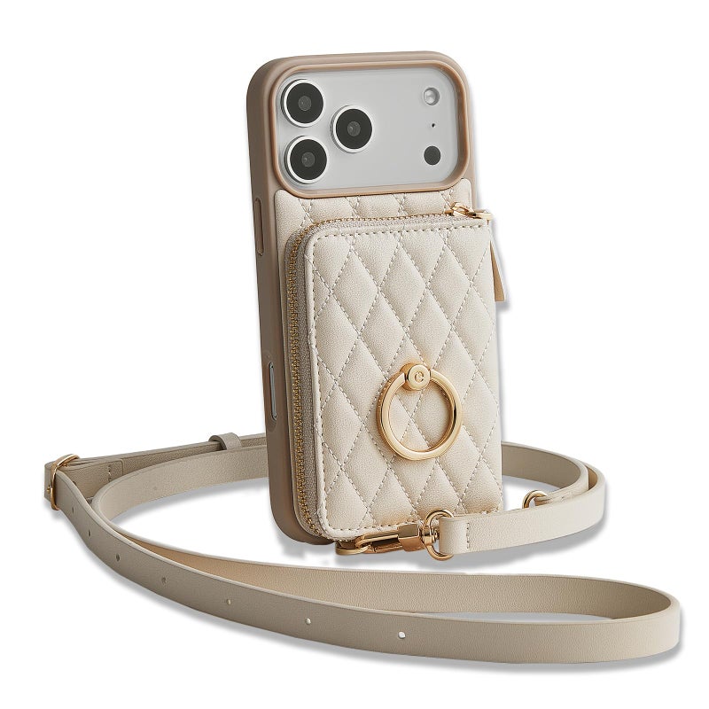 ZVE for iPhone 17 Pro Case Wallet with Strap Crossbody Protective Lanyard Flip Cover with Ring Holder 63 InchBeige - Image 2
