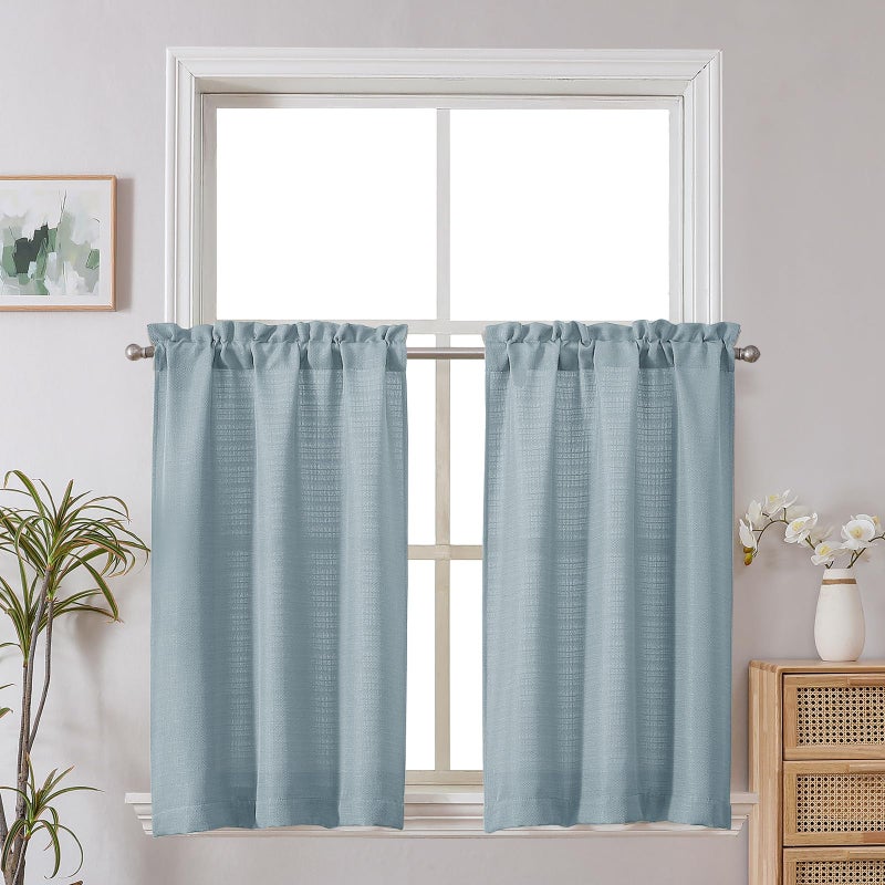 Chyhomenyc Bennet Kitchen Curtains 24 Inch Length, Faux Linen Textured Small Cafe Curtains, Light Filtering Short Window Curtain for Bathroom Basement, 30x24 inch, 2 PCS,Aqua with Greenish Tone - Image 1