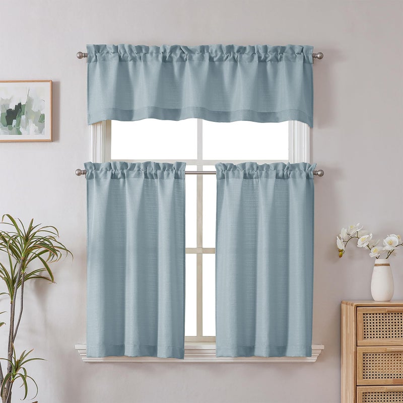 Chyhomenyc Bennet Kitchen Curtains 24 Inch Length, Faux Linen Textured Small Cafe Curtains, Light Filtering Short Window Curtain for Bathroom Basement, 30x24 inch, 2 PCS,Aqua with Greenish Tone - Image 2
