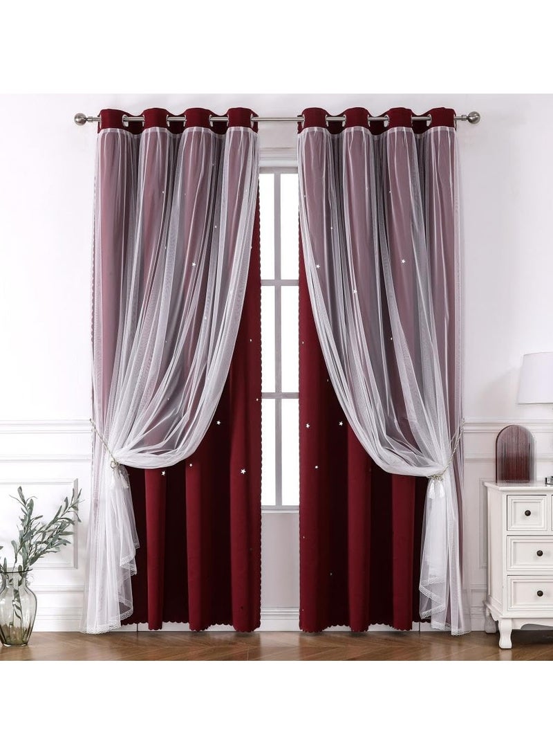 YQbest Blackout with White Lace Sheer Elegant Layered Curtains,Curtain Panels Mix and Match Thermal Insulated Blackout Curtain for Bedroom and Living Room 2 Panels (red 150 * 270cm)  - Image 1
