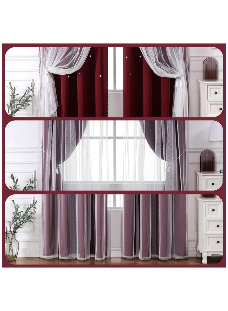 YQbest Blackout with White Lace Sheer Elegant Layered Curtains,Curtain Panels Mix and Match Thermal Insulated Blackout Curtain for Bedroom and Living Room 2 Panels (red 150 * 270cm)  - Image 3