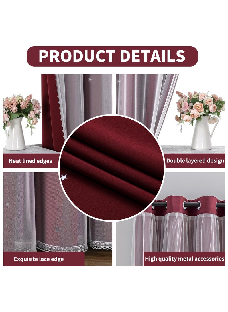 YQbest Blackout with White Lace Sheer Elegant Layered Curtains,Curtain Panels Mix and Match Thermal Insulated Blackout Curtain for Bedroom and Living Room 2 Panels (red 150 * 270cm)  - Image 2