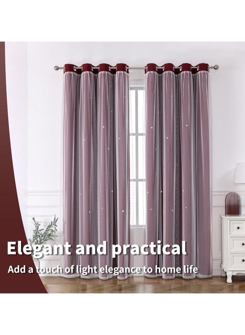 YQbest Blackout with White Lace Sheer Elegant Layered Curtains,Curtain Panels Mix and Match Thermal Insulated Blackout Curtain for Bedroom and Living Room 2 Panels (red 150 * 270cm)  - Image 4