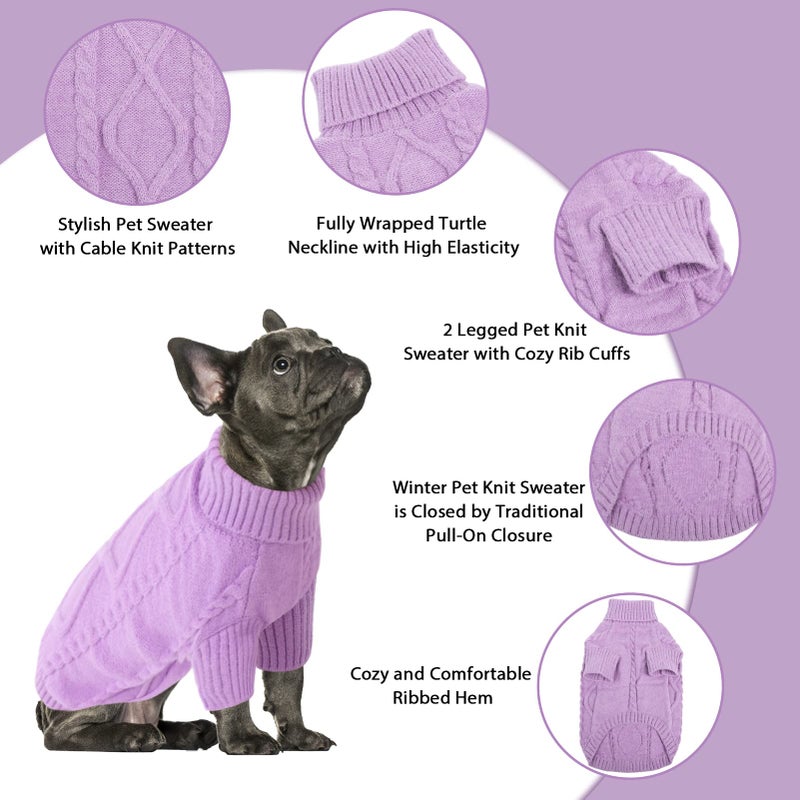 Queenmore Small Dog Pullover Sweater, Cold Weather Cable Knitwear, Classic Turtleneck Thick Warm Clothes for Chihuahua, Bulldog, Dachshund, Pug (Lilac, Large) - Image 4