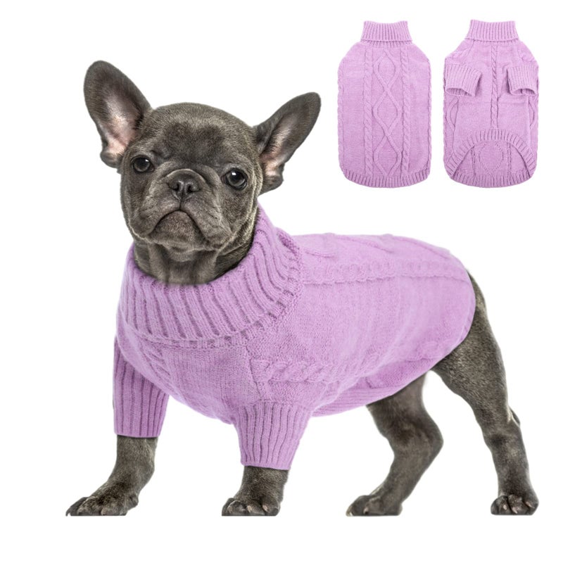 Queenmore Small Dog Pullover Sweater, Cold Weather Cable Knitwear, Classic Turtleneck Thick Warm Clothes for Chihuahua, Bulldog, Dachshund, Pug (Lilac, Large) - Image 1