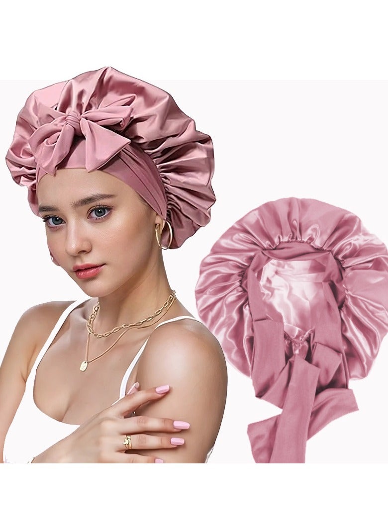 عام قبعة نوم نسائية من الحرير بطبقتين مرنتين وشريط فيونكة وقبعة دائرية ذات حافة عريضة من الساتان وقبعة للعناية بالشعر ومحاكاة وشاح من الحرير - Image 1