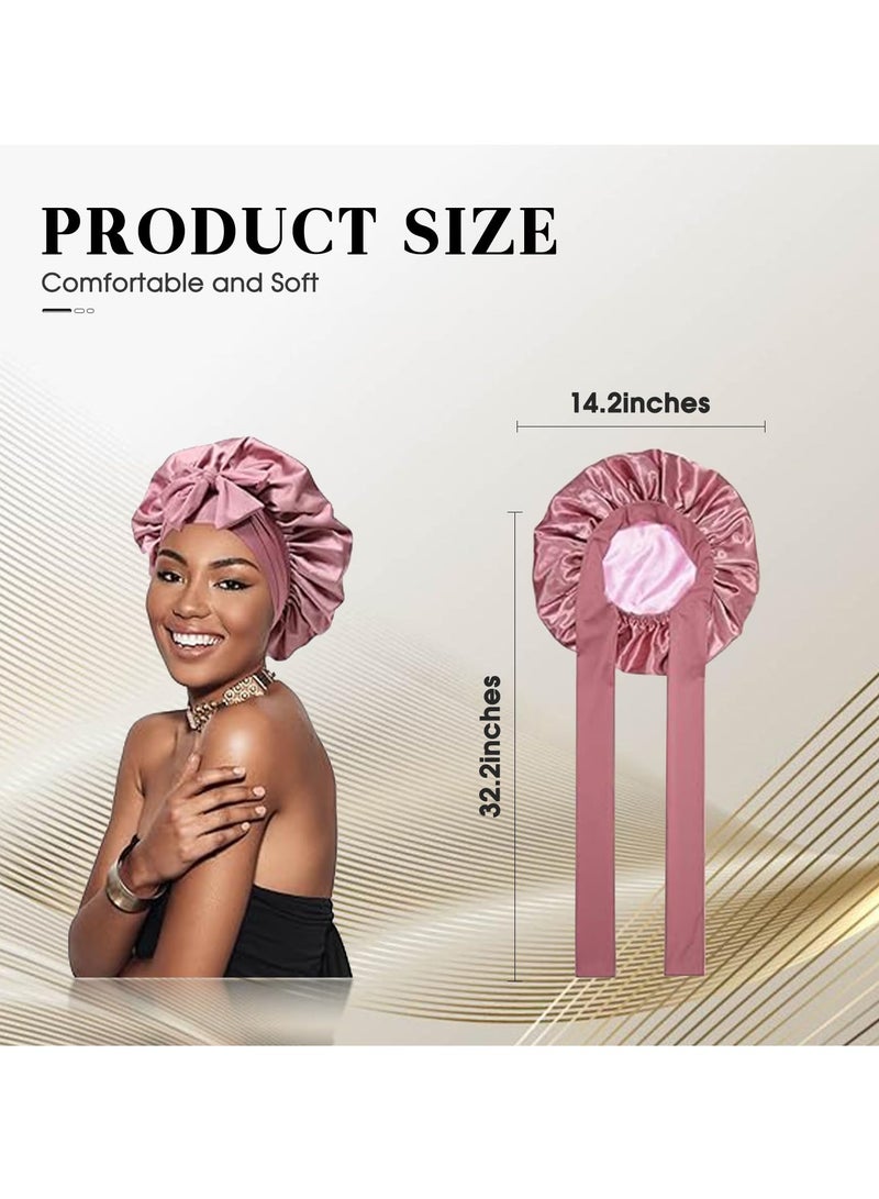 عام قبعة نوم نسائية من الحرير بطبقتين مرنتين وشريط فيونكة وقبعة دائرية ذات حافة عريضة من الساتان وقبعة للعناية بالشعر ومحاكاة وشاح من الحرير - Image 4