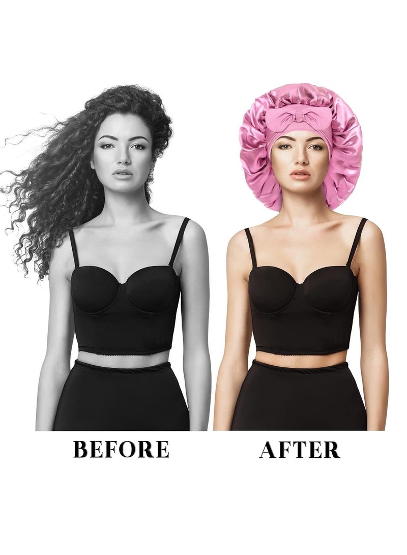 عام قبعة نوم نسائية من الحرير بطبقتين مرنتين وشريط فيونكة وقبعة دائرية ذات حافة عريضة من الساتان وقبعة للعناية بالشعر ومحاكاة وشاح من الحرير - Image 3