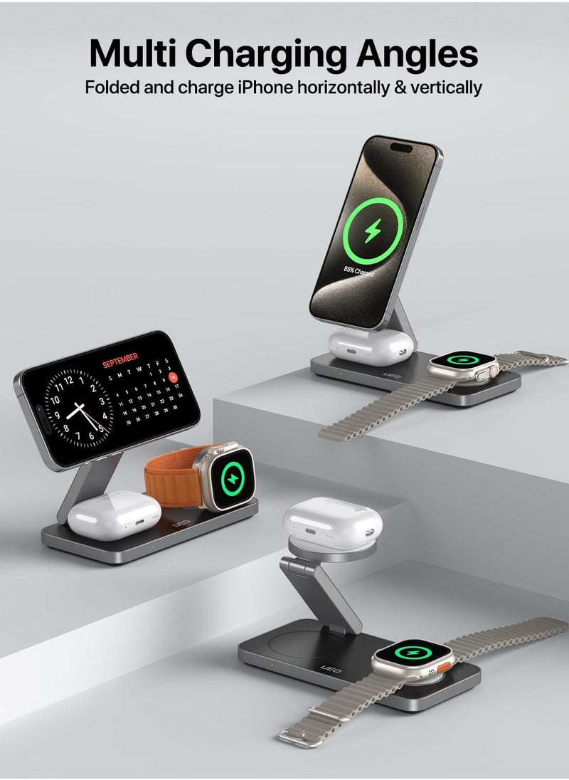 Foldable 3 in 1 Wireless Charging Station for Apple, Compatible with Magsafe Charger Stand, Magnetic Wireless Charger Station for iPhone 16 15 14 13 12 Series,Airpods Pro,Apple Watch