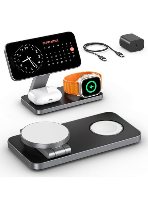 Foldable 3 in 1 Wireless Charging Station for Apple, Compatible with Magsafe Charger Stand, Magnetic Wireless Charger Station for iPhone 16 15 14 13 12 Series,Airpods Pro,Apple Watch