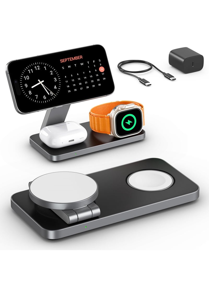 Foldable 3 in 1 Wireless Charging Station for Apple, Compatible with Magsafe Charger Stand, Magnetic Wireless Charger Station for iPhone 16 15 14 13 12 Series,Airpods Pro,Apple Watch