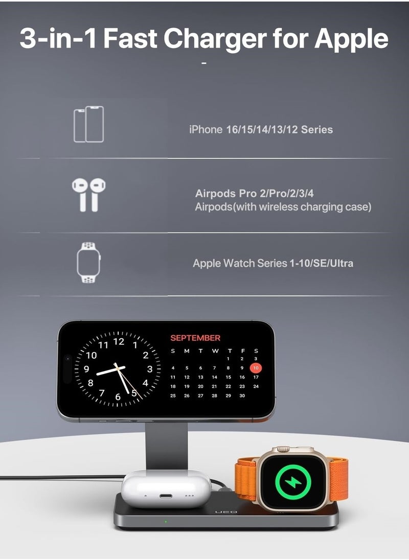 Foldable 3 in 1 Wireless Charging Station for Apple, Compatible with Magsafe Charger Stand, Magnetic Wireless Charger Station for iPhone 16 15 14 13 12 Series,Airpods Pro,Apple Watch