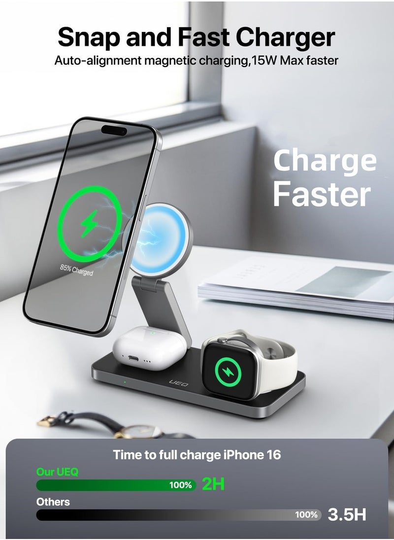 Foldable 3 in 1 Wireless Charging Station for Apple, Compatible with Magsafe Charger Stand, Magnetic Wireless Charger Station for iPhone 16 15 14 13 12 Series,Airpods Pro,Apple Watch