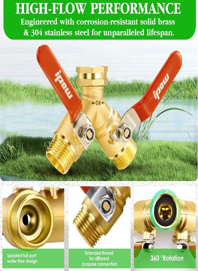 IPOW Upgrade Garden Hose Y Valve Hose Splitter With Stainless Steel Long Handle Brass Hose Splitter 3/4" GHT Thread Y Valve Water Garden Hose Tap Adapter - Image 3