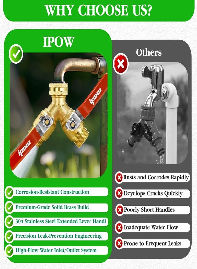 IPOW Upgrade Garden Hose Y Valve Hose Splitter With Stainless Steel Long Handle Brass Hose Splitter 3/4" GHT Thread Y Valve Water Garden Hose Tap Adapter - Image 2