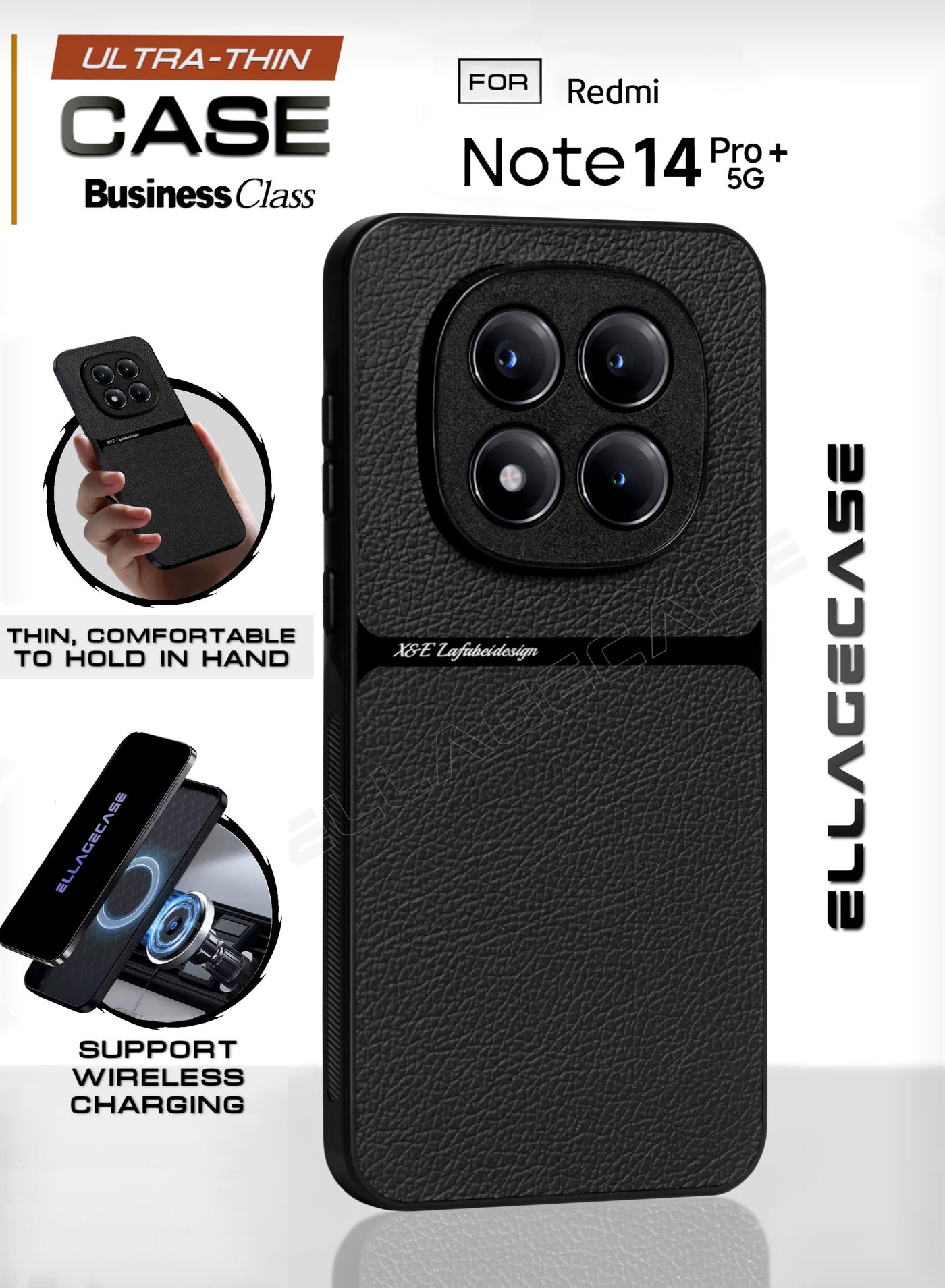 ELLAGECASE Business Class Case for Xiaomi Redmi Note 14 Pro Plus 5G, Ultra-Thin, Built-in Magnetic Plate, Wireless Charging, Shockproof, Full Camera Lens Protection