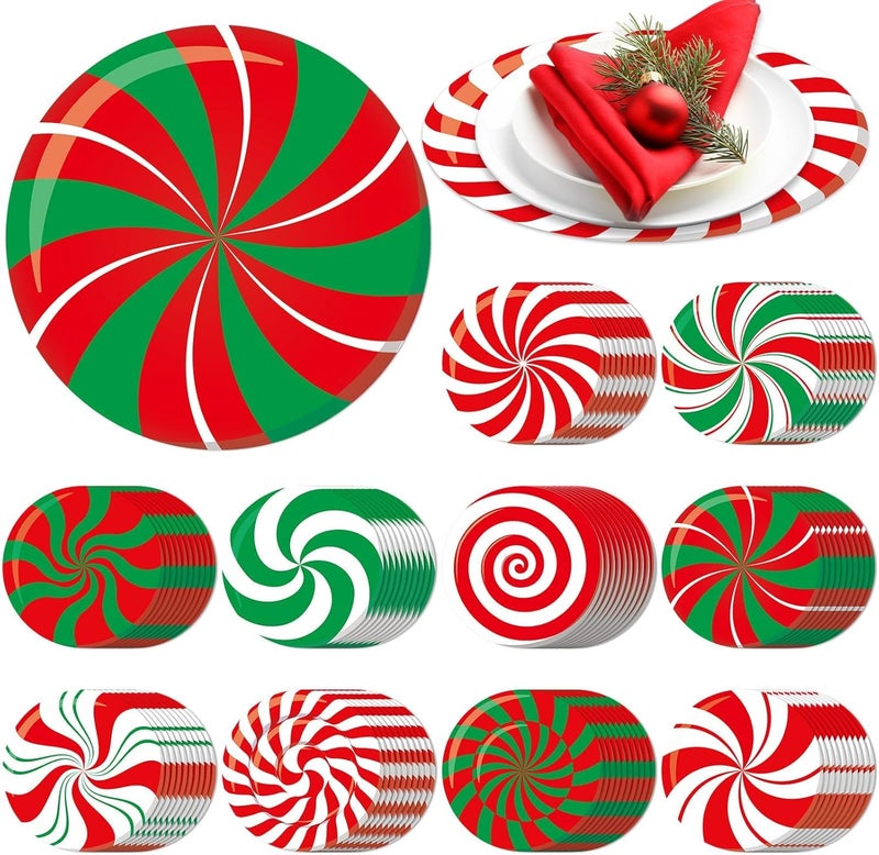 OBUSATT 100Pcs Disposable Christmas Candy Place Mats Christmas Red Green Sweets Paper Table Mats Winter Holiday Placemats Xmas Peppermint Candy Party Dining Table Decorations for Kids Home Kitchen - Image 1