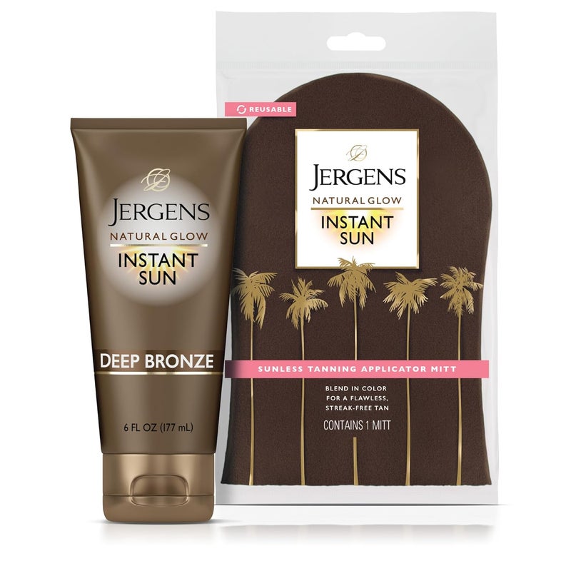 Jergens Jergens Natural Glow Instant Sun Bundle Deep Bronze Sunless Tanning Moisturizer  Bronzing Lotion 6oz Bottle and Applicator Mitt