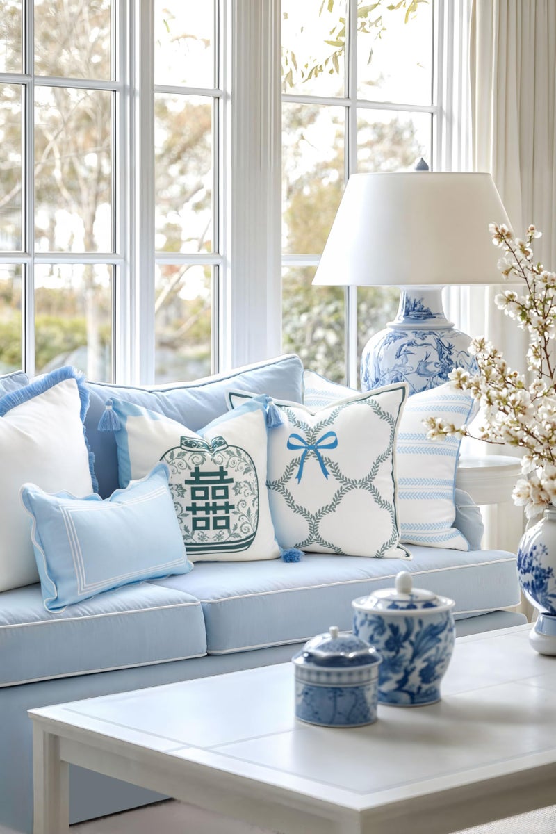 Hofdeco Premium Coastal Grandmillennial Scalloped Patio Indoor Outdoor Lumbar Pillow Cover Only, 12"x20" Water Repellent for Backyard, Couch, Poolside, Baby Blue Embroidered Frame - Image 3