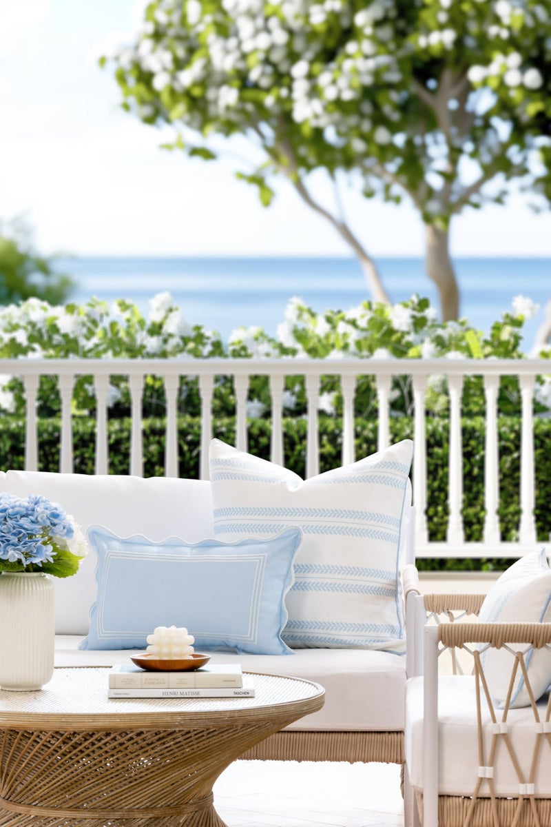 Hofdeco Premium Coastal Grandmillennial Scalloped Patio Indoor Outdoor Lumbar Pillow Cover Only, 12"x20" Water Repellent for Backyard, Couch, Poolside, Baby Blue Embroidered Frame - Image 2