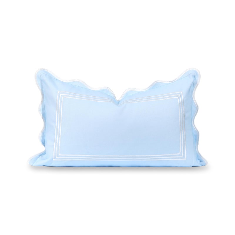 Hofdeco Premium Coastal Grandmillennial Scalloped Patio Indoor Outdoor Lumbar Pillow Cover Only, 12"x20" Water Repellent for Backyard, Couch, Poolside, Baby Blue Embroidered Frame - Image 1