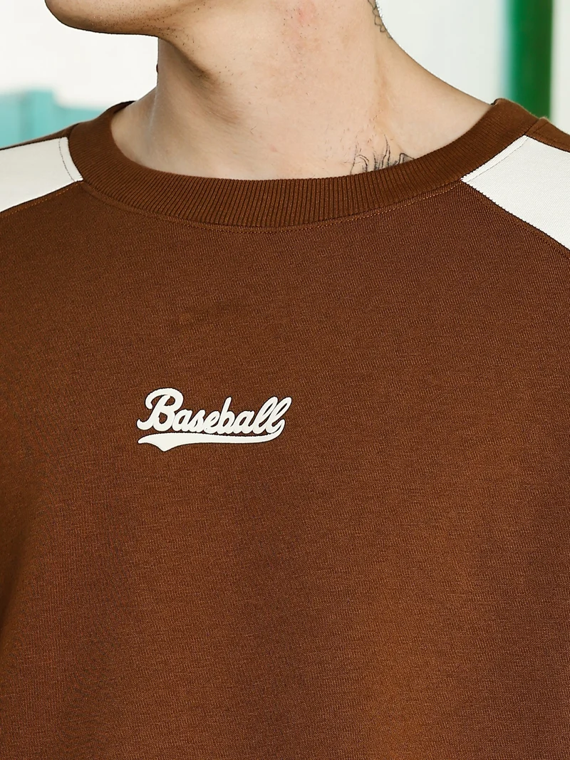 مانياك Maniac Mens Printed Round Neck Raglan Full Sleeve Brown & Brown Fleece Sweatshirt