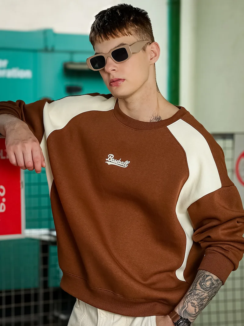 Maniac  Maniac Mens Printed Round Neck Raglan Full Sleeve Brown & Brown Fleece Sweatshirt for Men | Best Price UAE