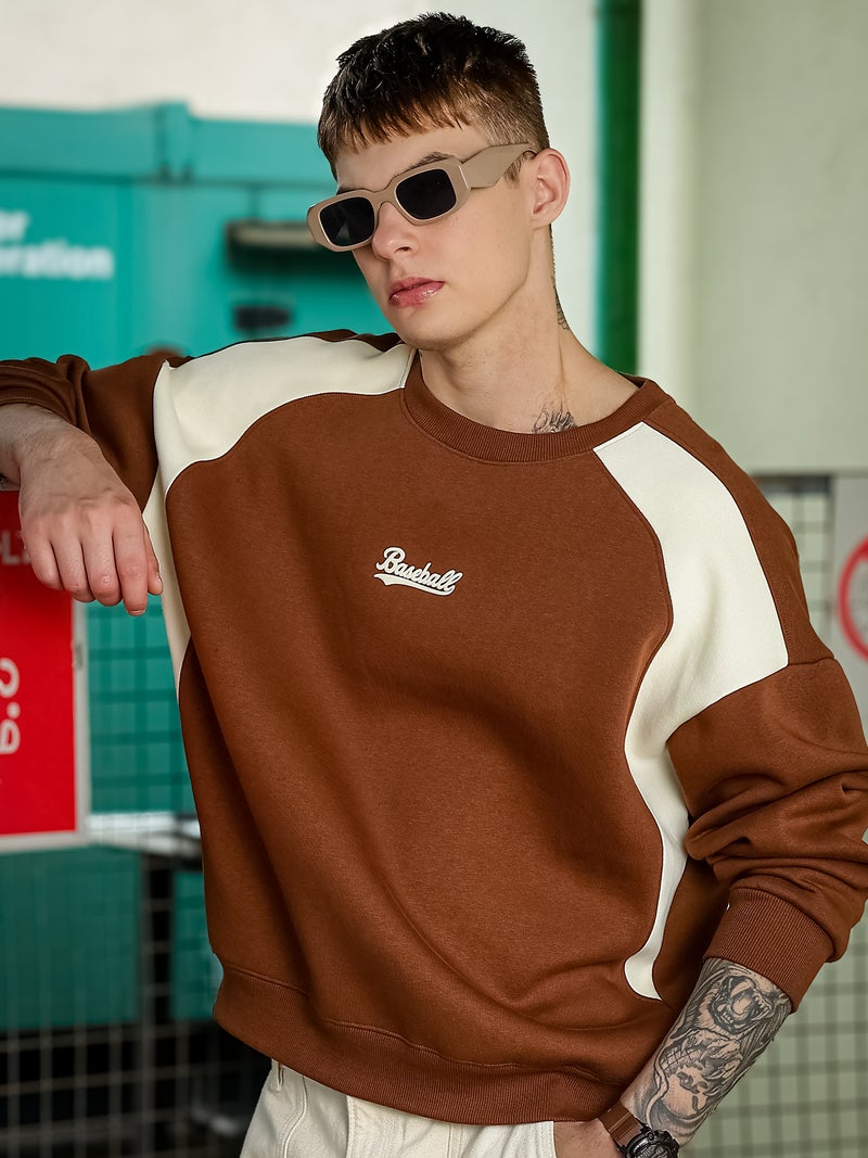 Maniac Mens Printed Round Neck Raglan Full Sleeve Brown & Brown Fleece Sweatshirt - Image 3