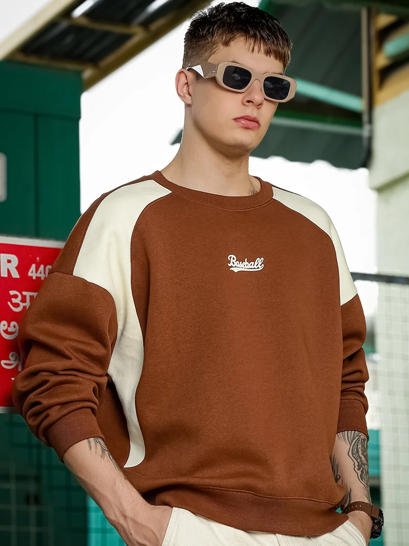 مانياك Maniac Mens Printed Round Neck Raglan Full Sleeve Brown & Brown Fleece Sweatshirt