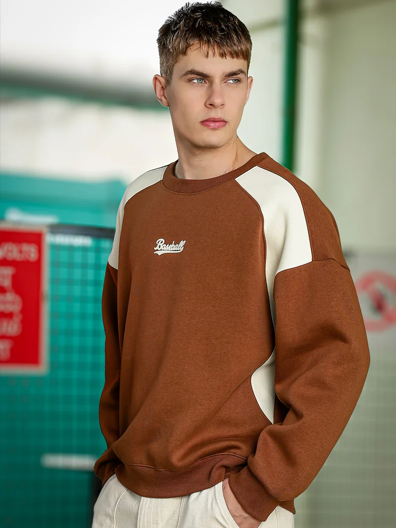 Maniac  Maniac Mens Printed Round Neck Raglan Full Sleeve Brown & Brown Fleece Sweatshirt for Men | Best Price UAE
