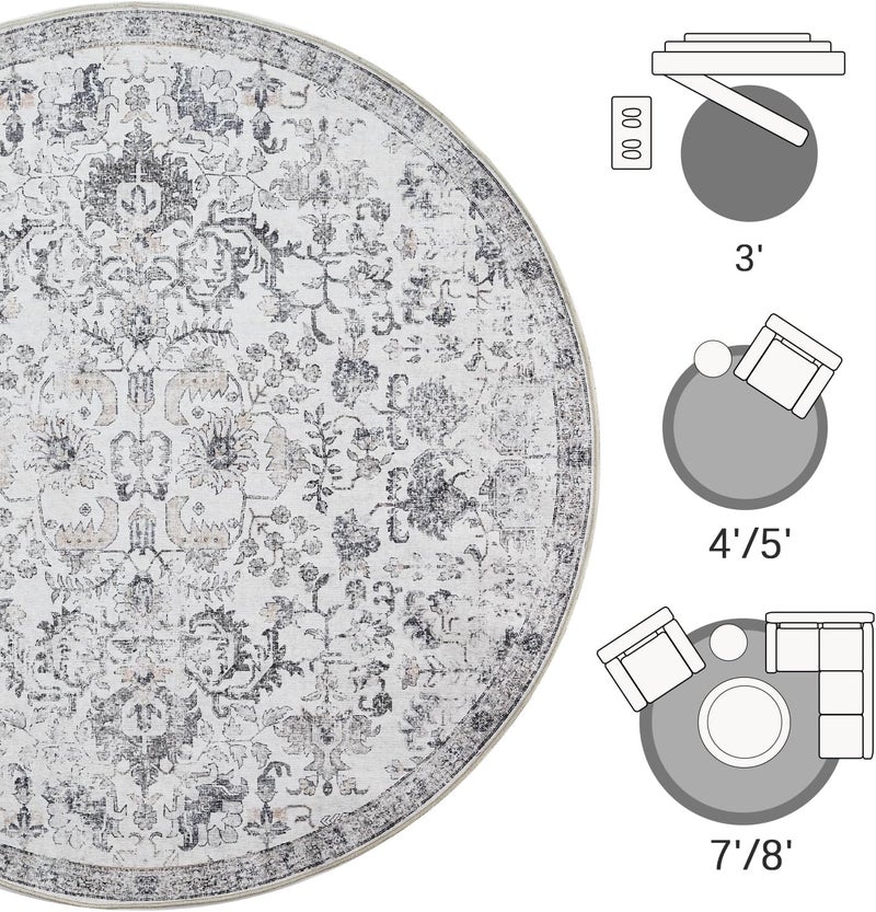 jinchan Round Rug 4ft Area Rug Washable Vintage Indoor Retro Entryway Floor Cover Distressed Gray Floral 4' Round Circle Boho Non Slip Thin Carpet for Kitchen Bedroom Living Room Dining Room Grey - Image 3