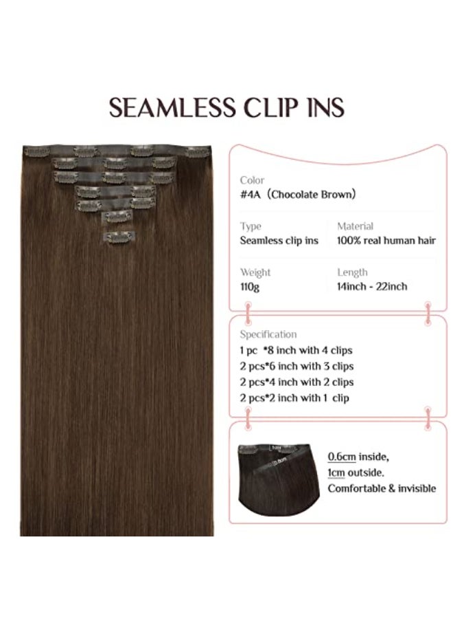 MAXITA Seamless Clip in Hair Extensions Human Hair 7pcs 110g 14 Inch Chocolate Brown Hair Extensions Clip in Human Hair Extensions Invisible Weft Remy Straight Hair Extensions for Woman - Image 3